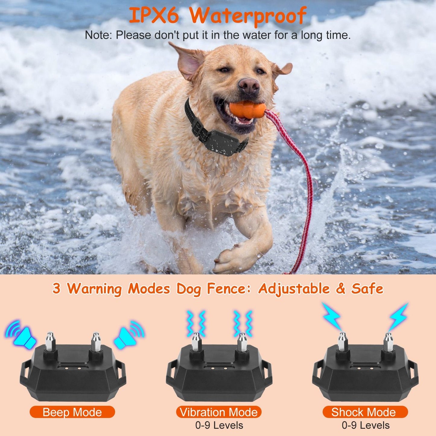 Dog wearing the waterproof GPS fence collar in water with icons showing beep, vibration and shock modes