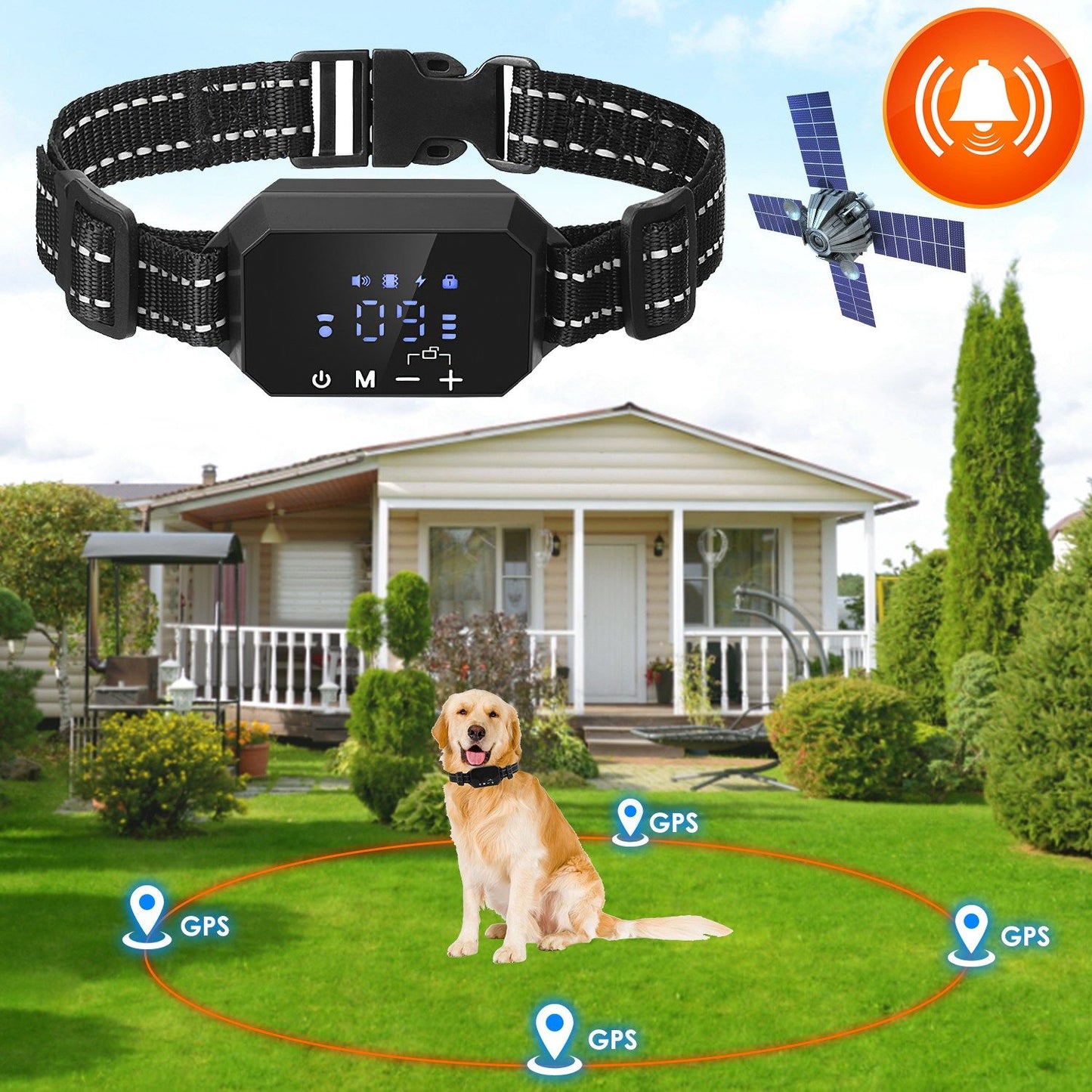 Wireless GPS dog fence collar shown above a backyard and a dog inside an illustrated circular boundary