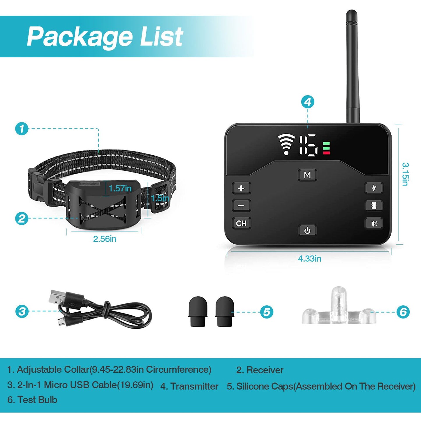 package contents layout with transmitter receiver USB cable silicone caps test bulb and dimensions