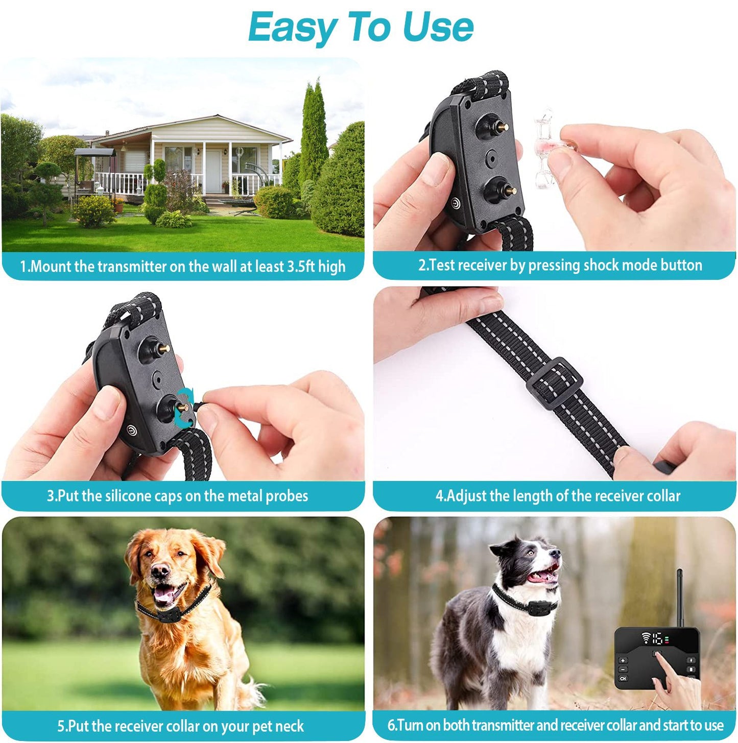 six-step montage demonstrating transmitter mounting receiver testing probe caps collar adjustment and powering on