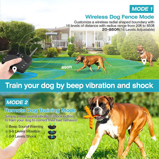 backyard diagram showing wireless radial fence coverage and dog training boundary up to 850ft