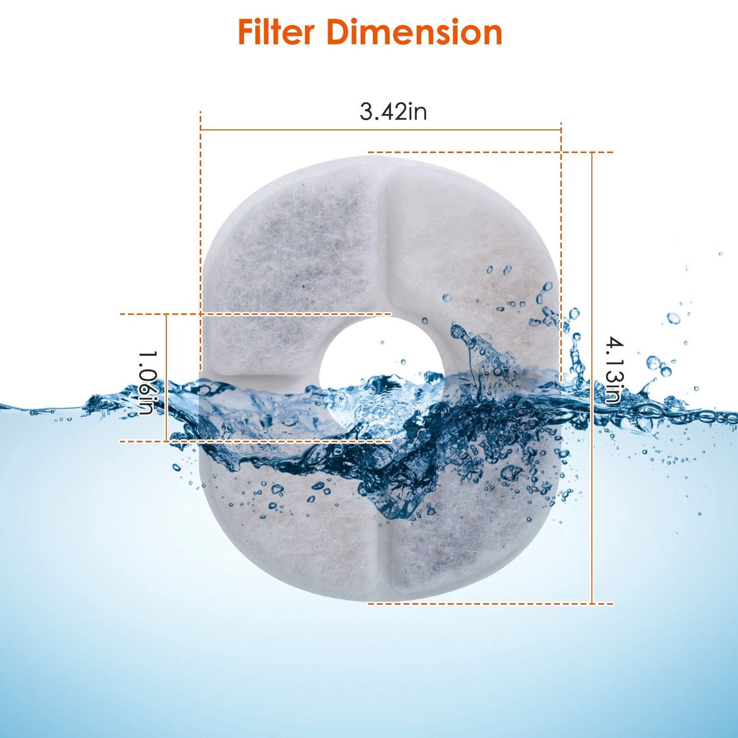Filter front view with dimensions 4.13 x 3.42 inches illustrated over water