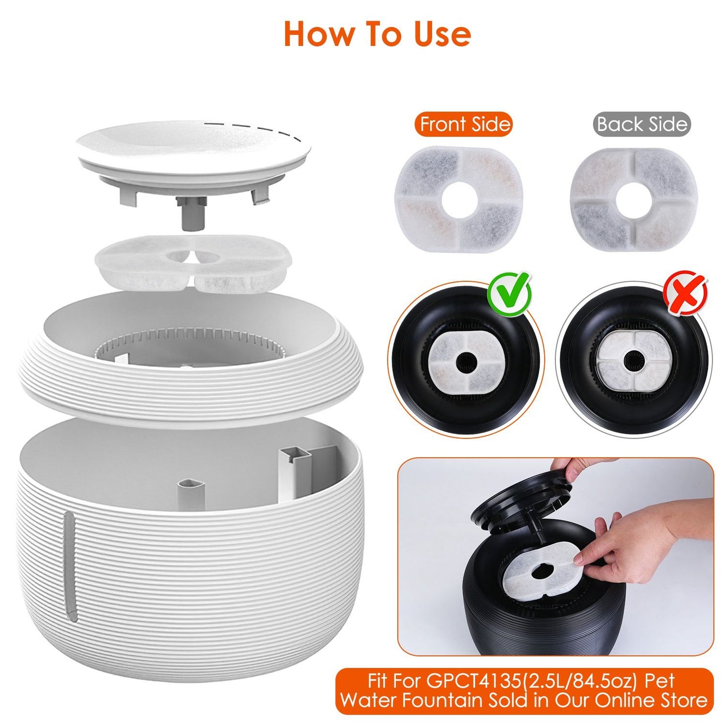 Exploded diagram showing correct filter orientation and placement in a 2.5L pet fountain