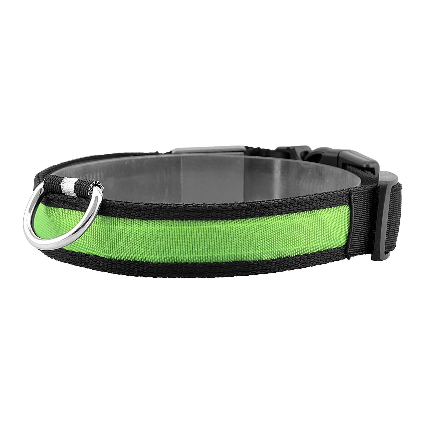 Side view of LED dog collar showing translucent tube, fabric overlay, D-ring and adjustable buckle