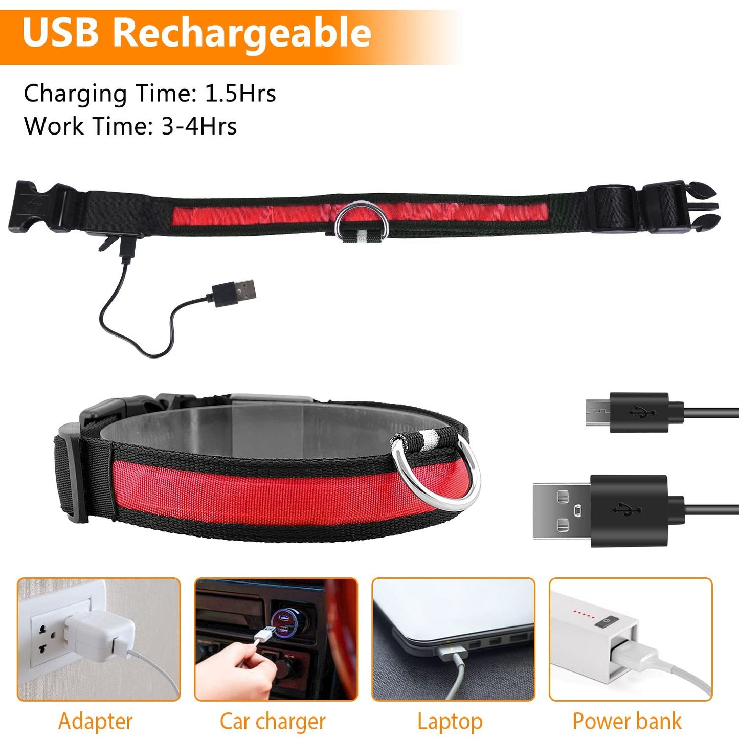 LED dog collar laid out with USB charging cable and icons for adapter, car charger, laptop, and power bank