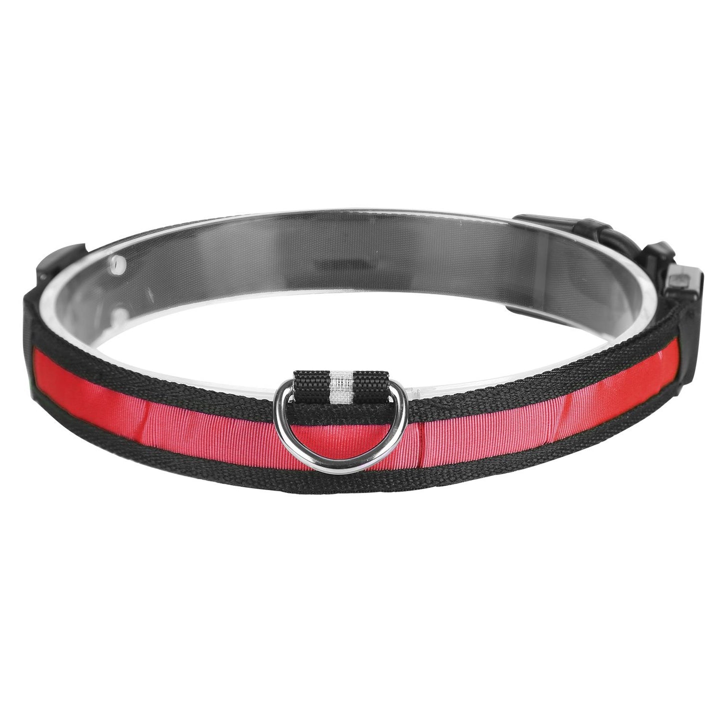 Top-down view of red LED dog collar showing translucent inner tube, red light strip and D-ring