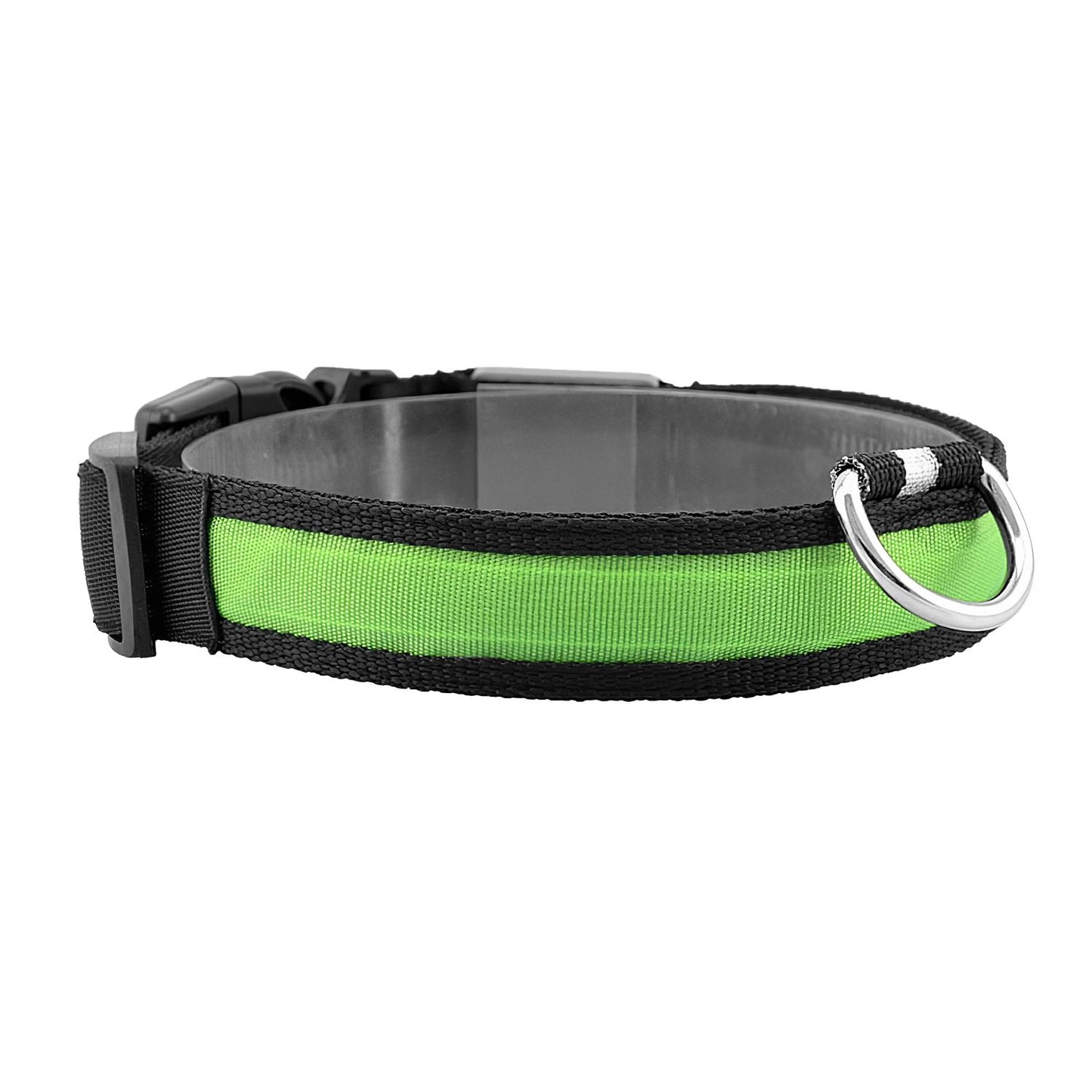 Non-illuminated green LED dog collar on white background showing fabric texture, D-ring and buckle
