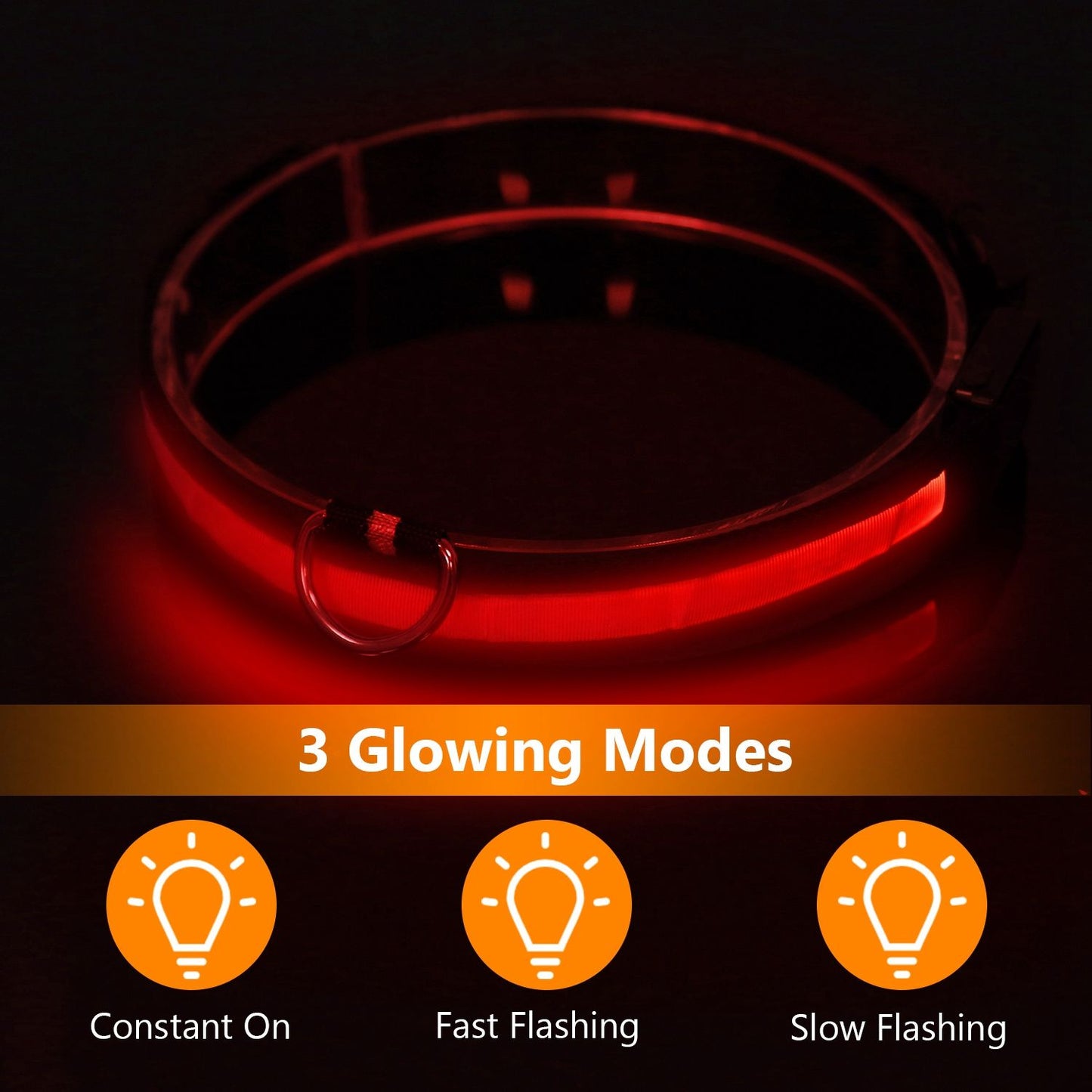 Red LED collar glowing in dark with icons for constant on, fast flashing, and slow flashing modes