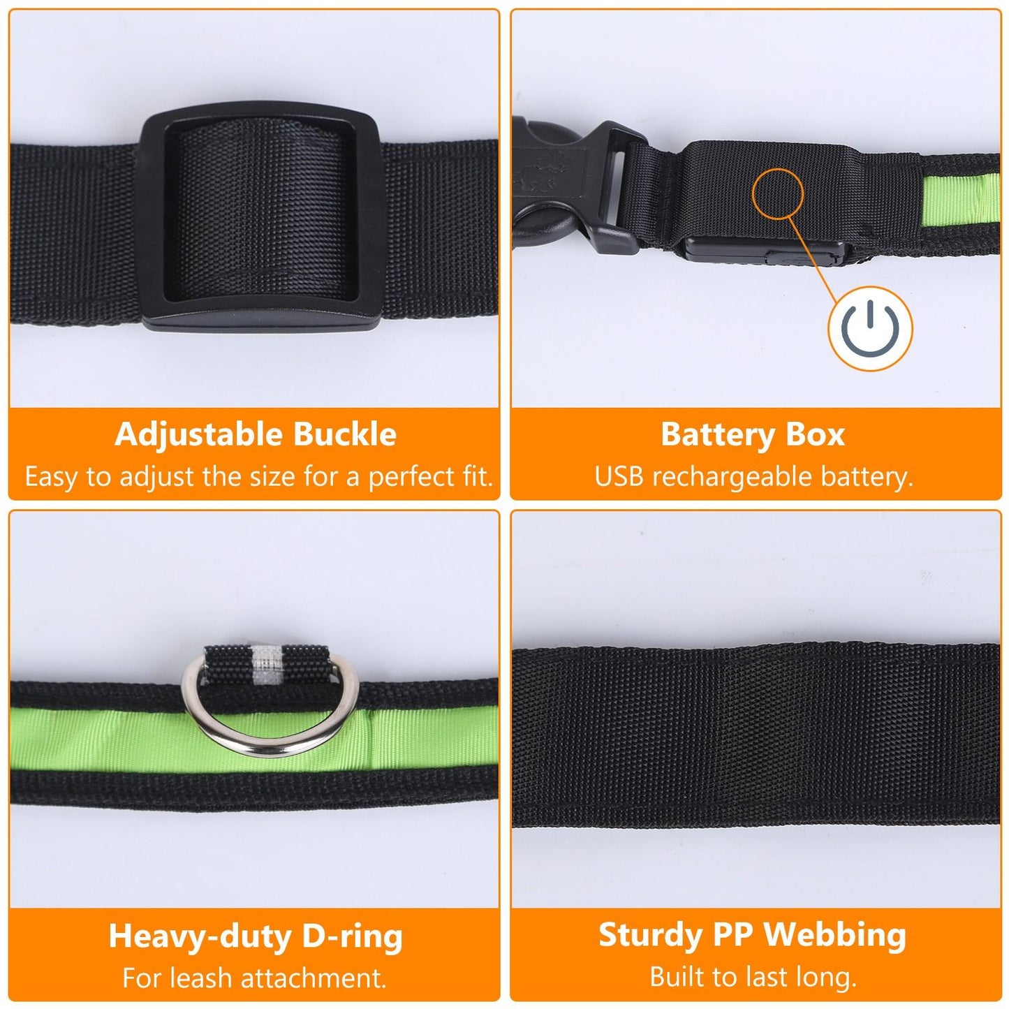 Close-up feature images of collar buckle, USB battery box, D-ring and PP webbing