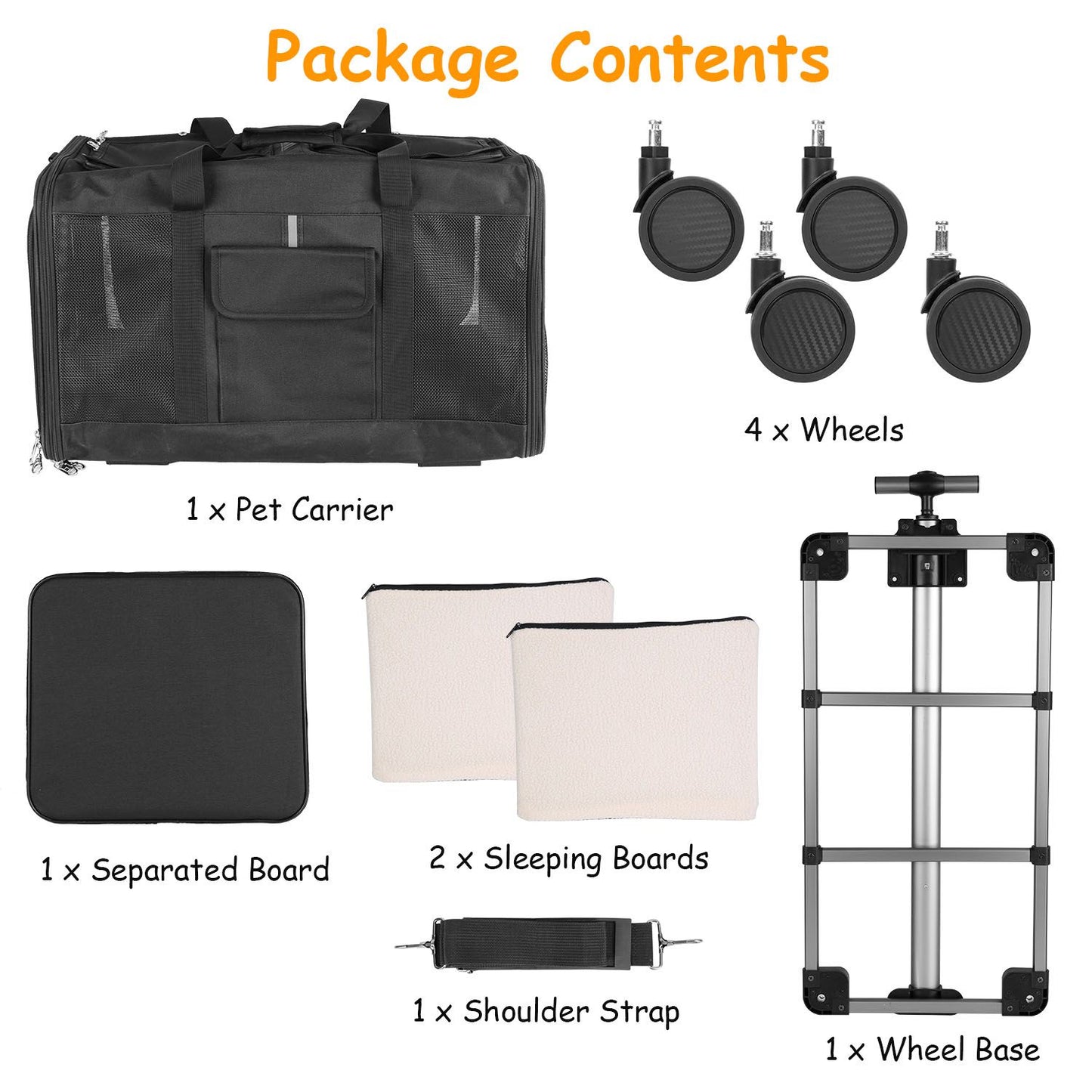 Package contents showing pet carrier four wheels wheel base separated board two sleeping boards and shoulder strap