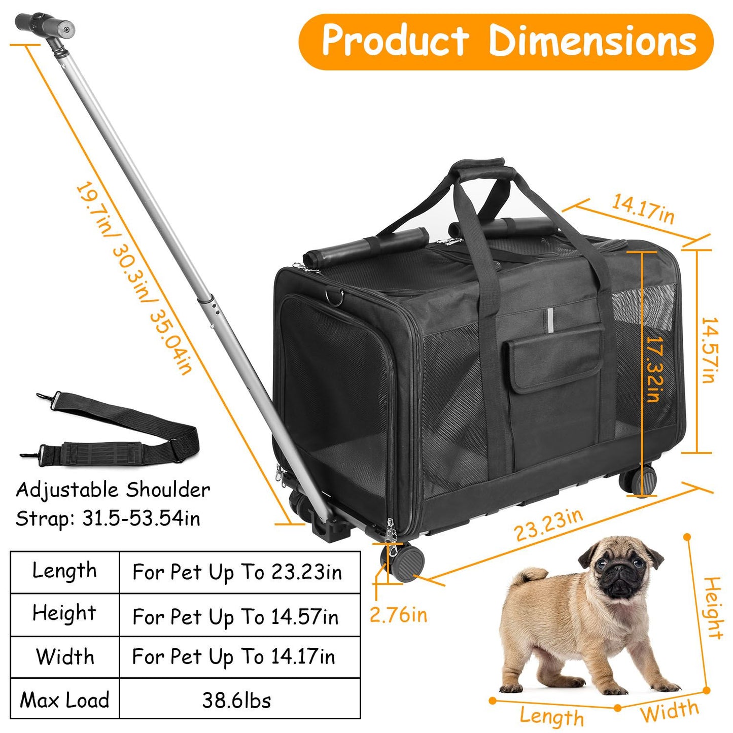 Dimensions diagram showing carrier length width height handle lengths and max load 38.6 lbs