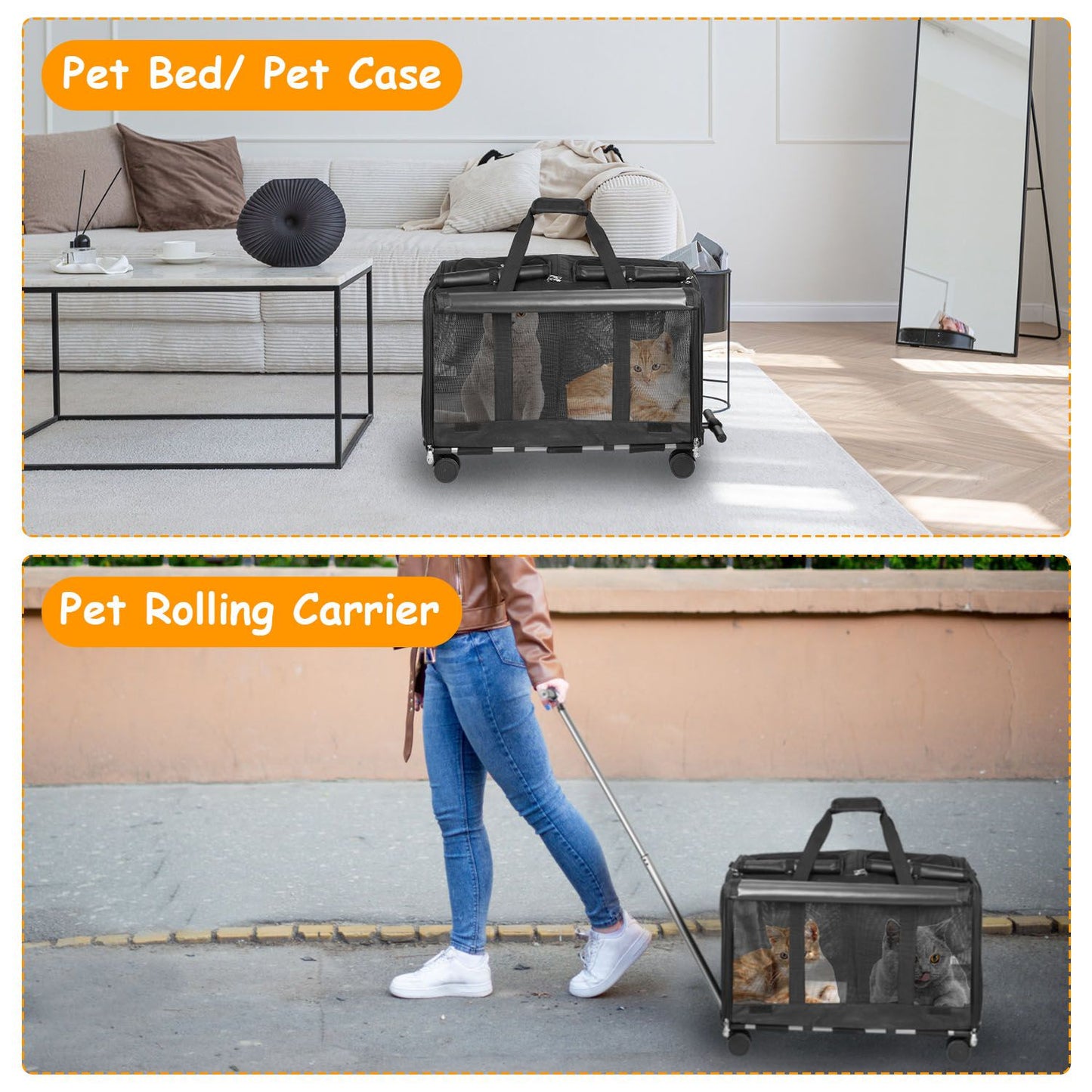 Pet carrier used as indoor pet bed and as rolling carrier outdoors with sleeping board visible