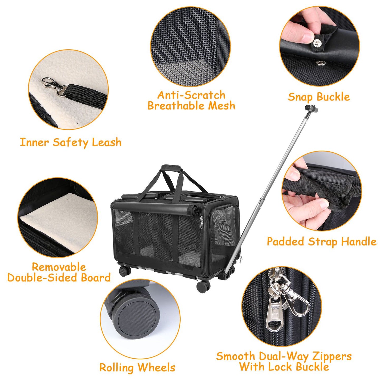 Feature closeups showing inner safety leash mesh zippers removable board wheels and snap buckle
