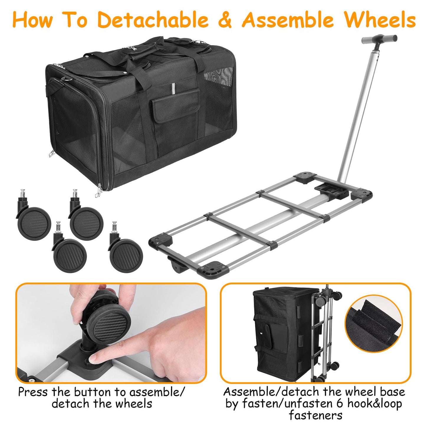 Wheel base and caster assembly images with press button attachment and hook and loop fasteners