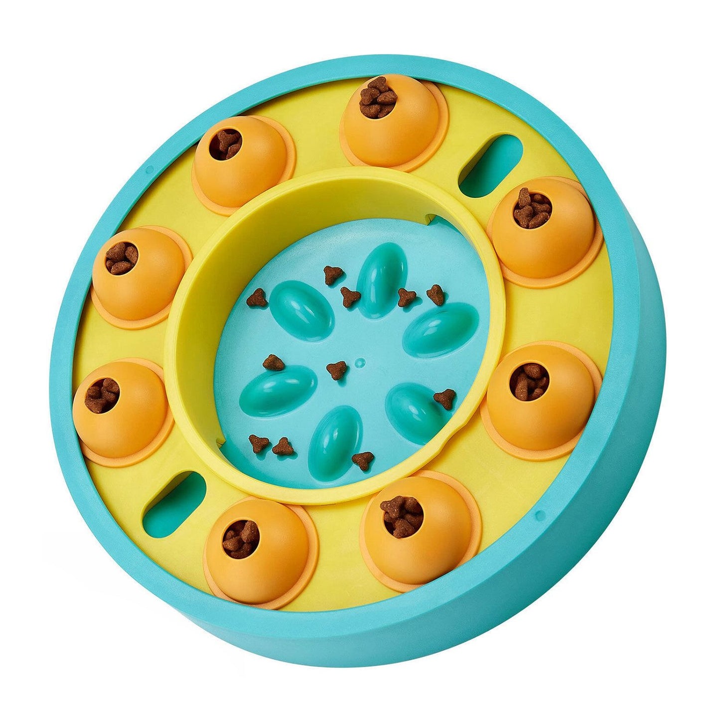 Turquoise and yellow variant of the puzzle feeder with orange granaries and blue central insert