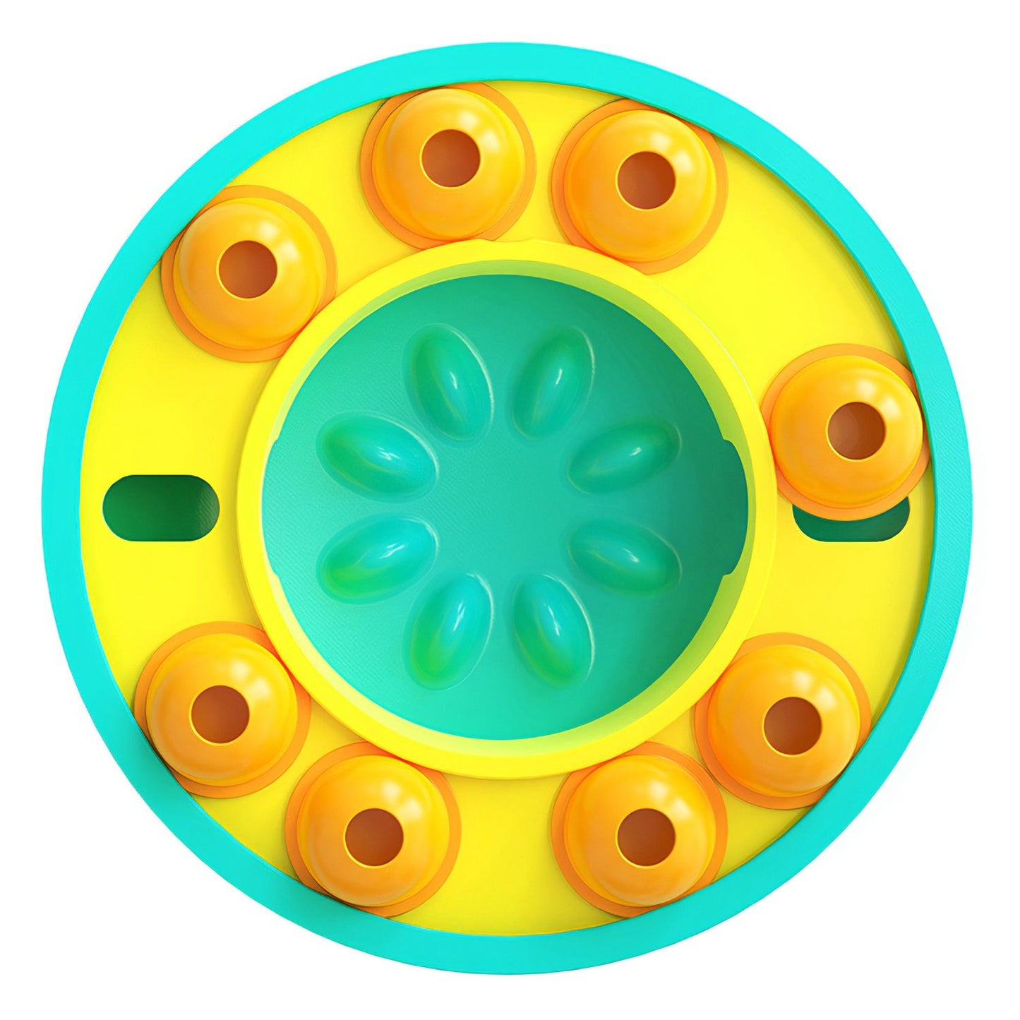 Top-down view of teal and yellow puzzle feeder showing eight granaries around a central bowl
