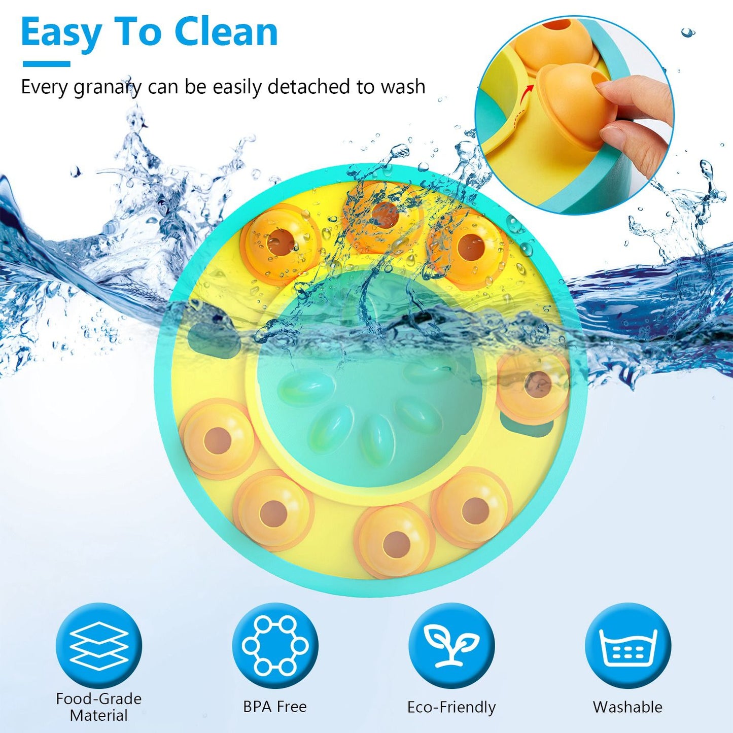 Feeder partially submerged to illustrate easy-to-clean, detachable granaries and washable, food-grade construction