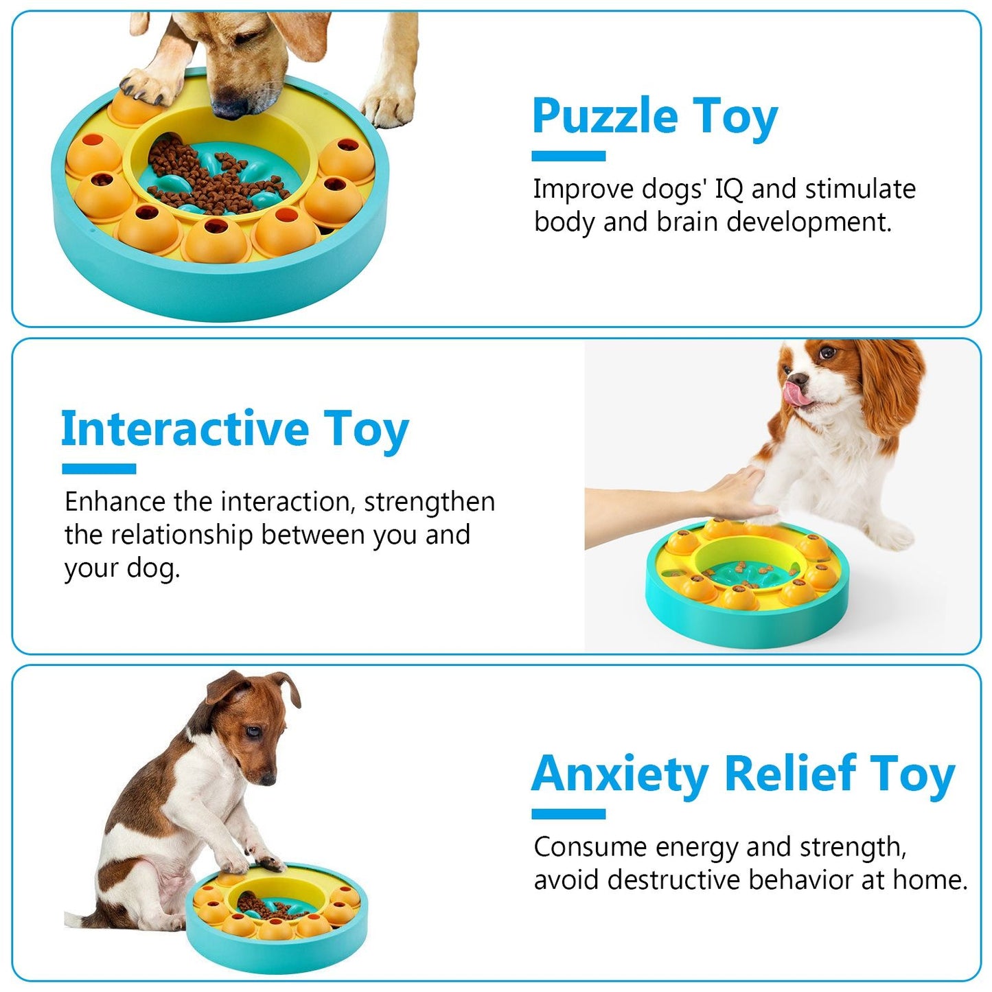 Feature panels describing puzzle feeder benefits: brain exercise, interaction, and anxiety relief