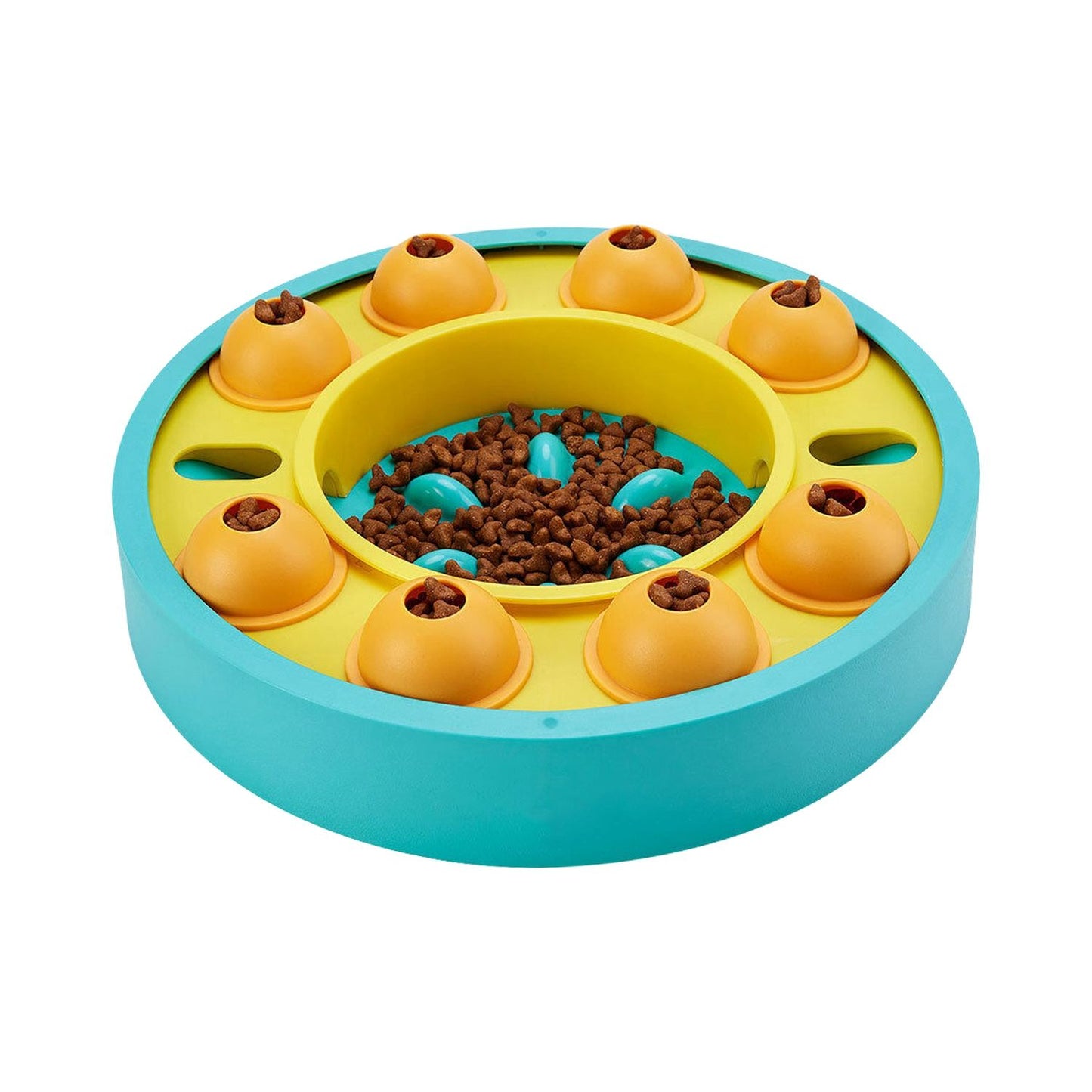 Perspective view of turquoise slow-feed puzzle feeder with central bowl of kibble and orange granaries