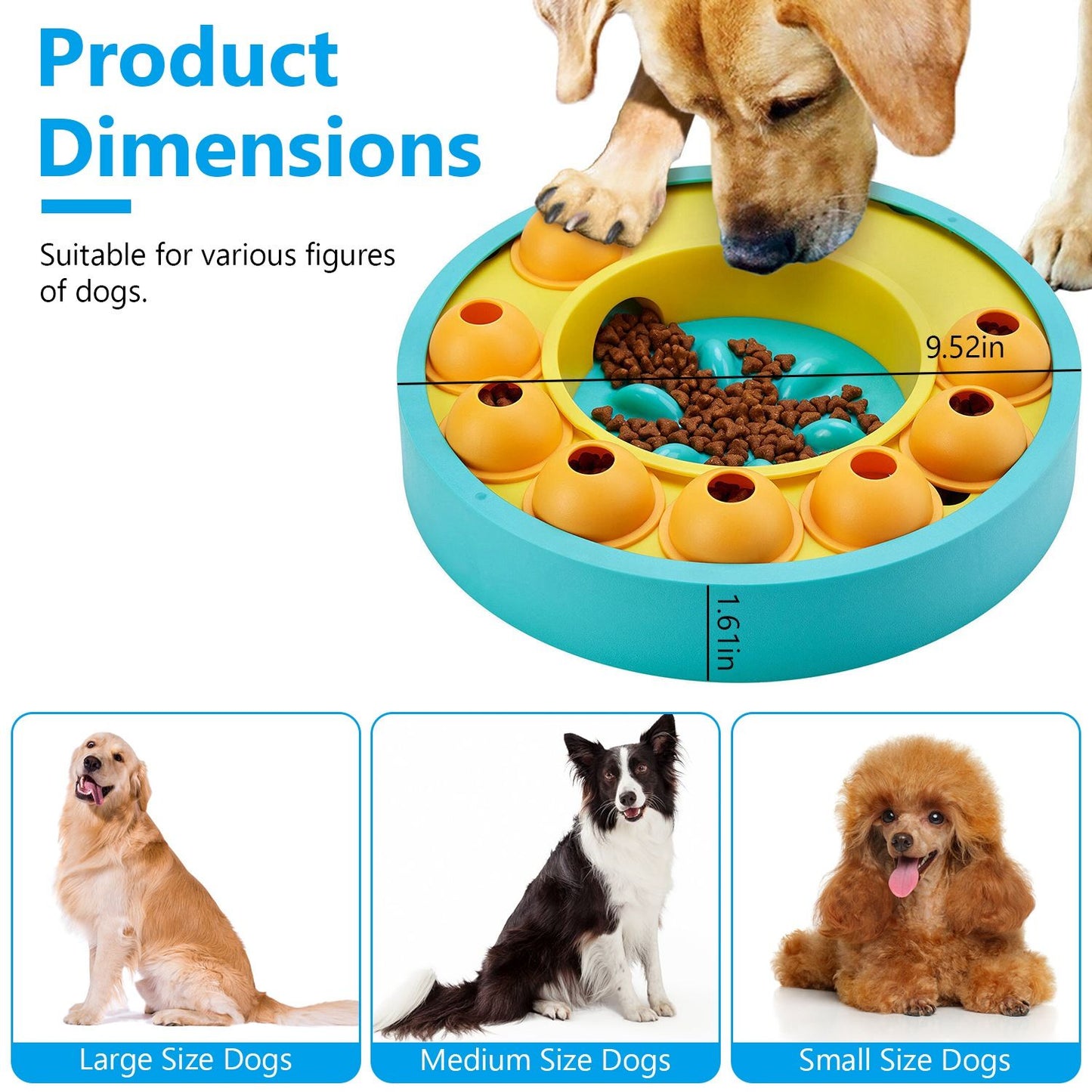 Dimensions graphic showing 9.52 inch diameter and 1.61 inch height with recommended dog sizes