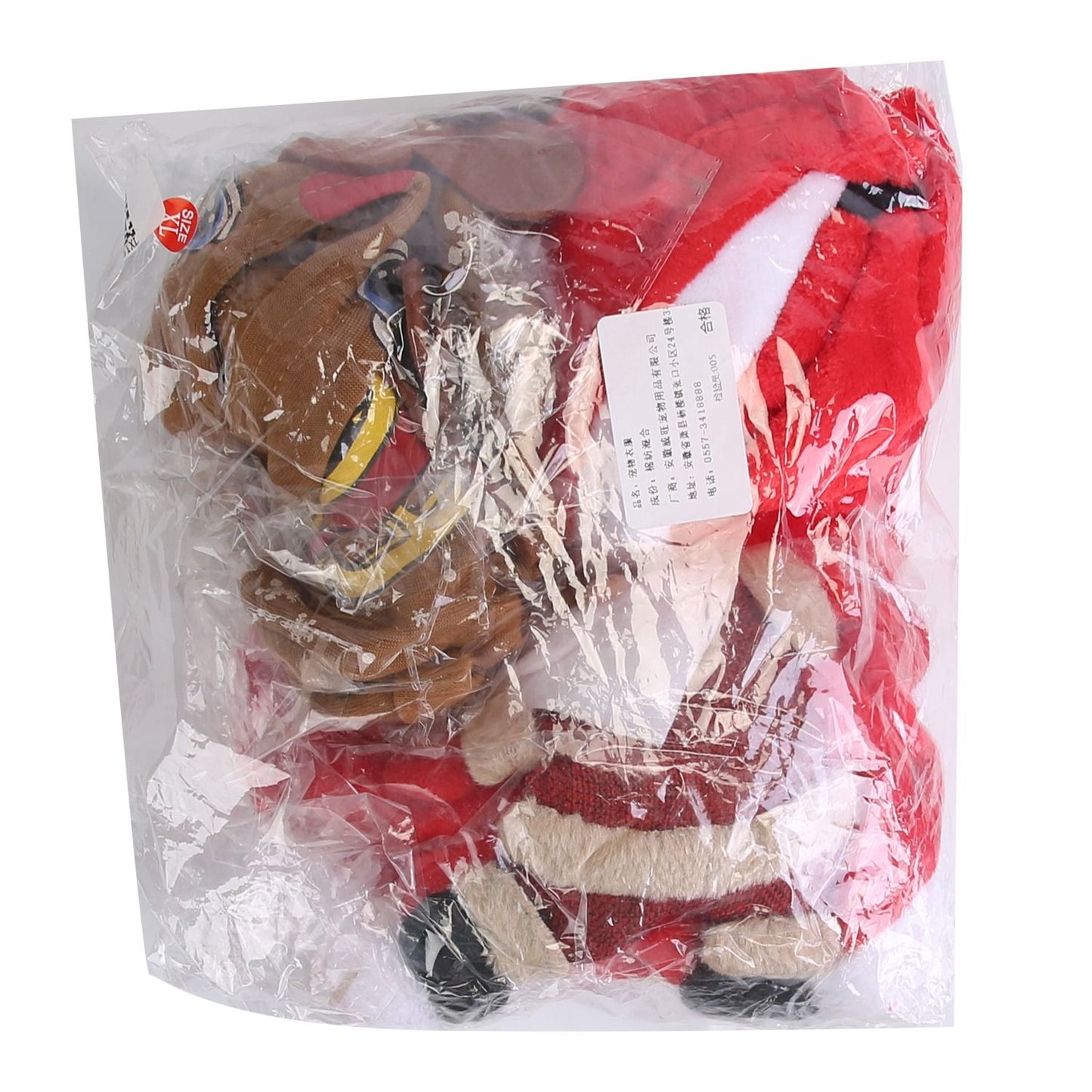 Red pet coat and antler accessory packaged in a transparent plastic bag