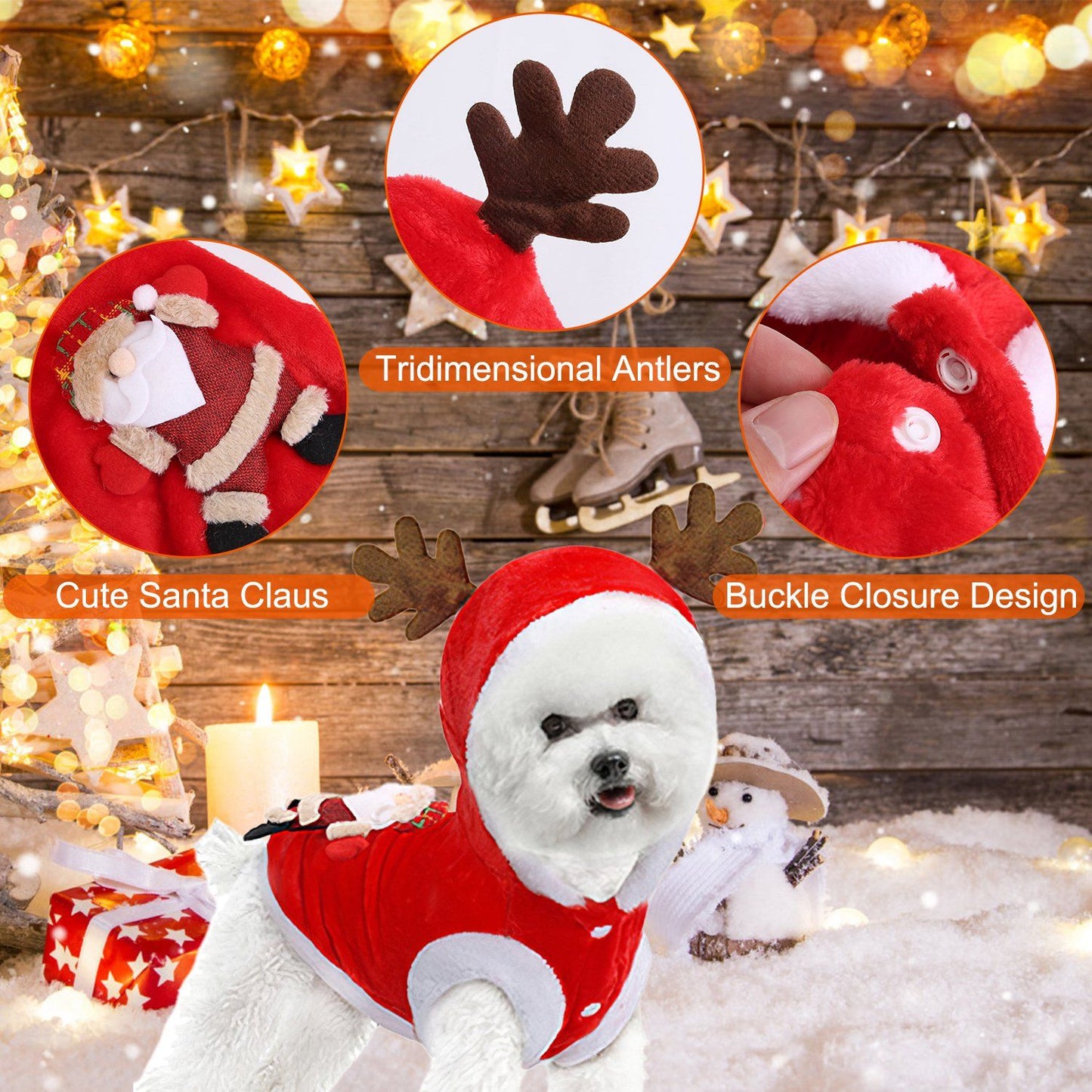 Detail collage of Santa appliqué, brown antlers and snap buckle on red pet coat