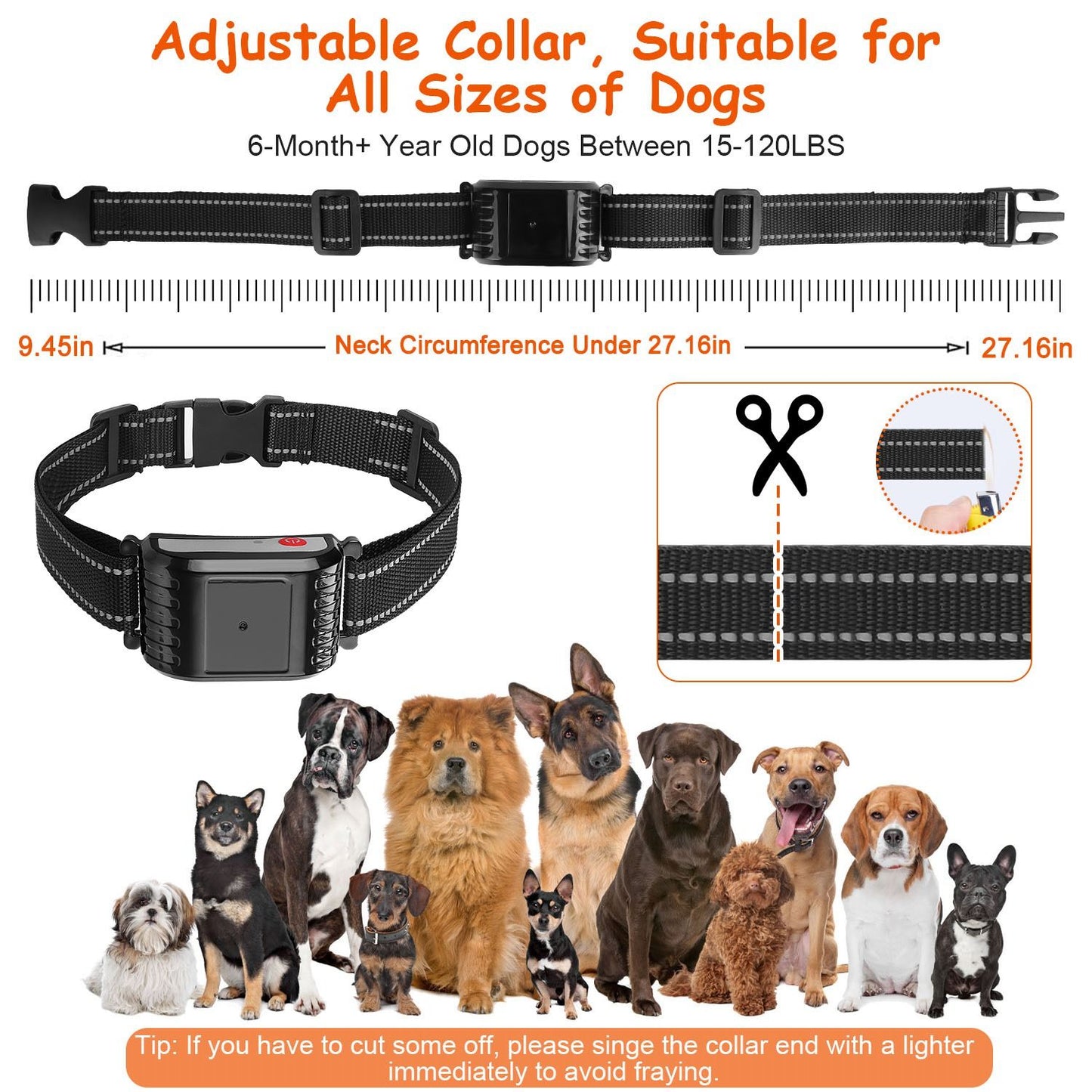 Adjustable woven collar with buckle and ruler showing neck sizes from 9.45 to 27.16 inches