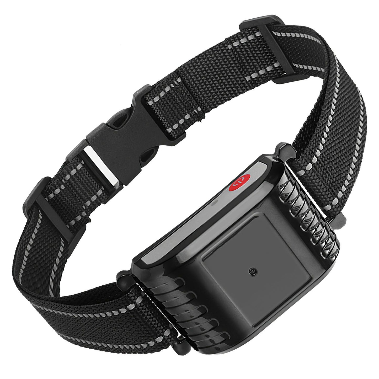 Angled product shot of black dog training collar and receiver showing reflective strap buckles and housing