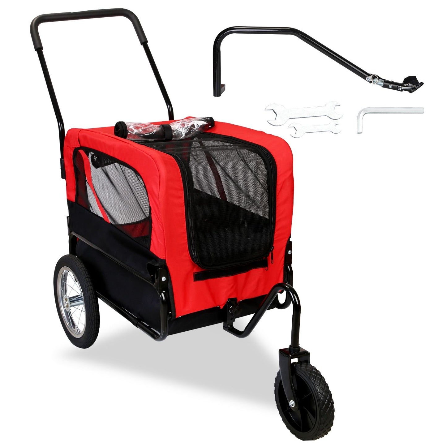 Studio shot of assembled red pet trailer with front swivel wheel and detachable armrest and tools