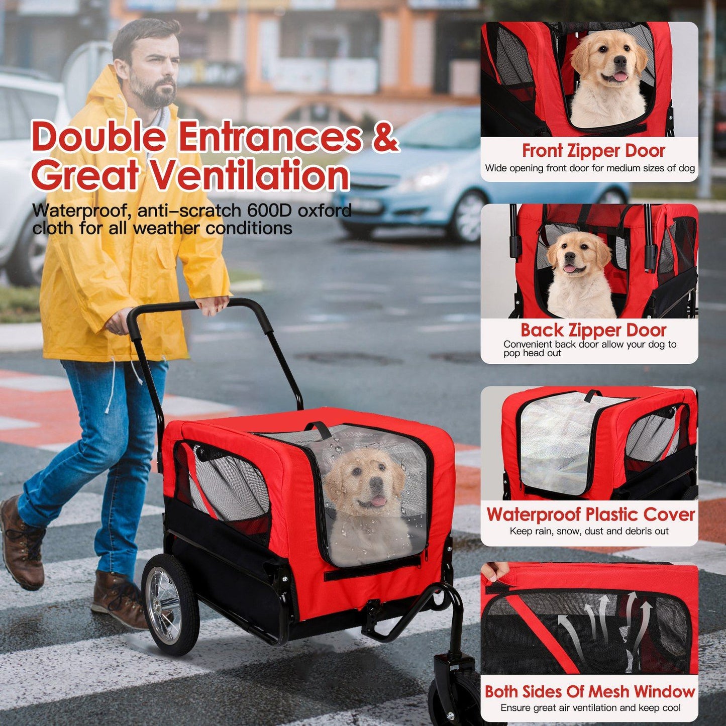 Red pet trailer being pushed in an urban scene highlighting double zippered entrances and mesh windows