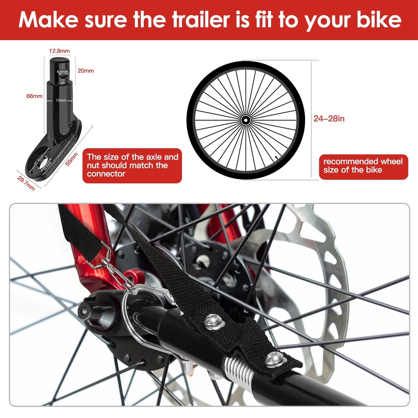 Diagram and close-up of trailer axle connector and recommended 24–28 inch bike wheel compatibility