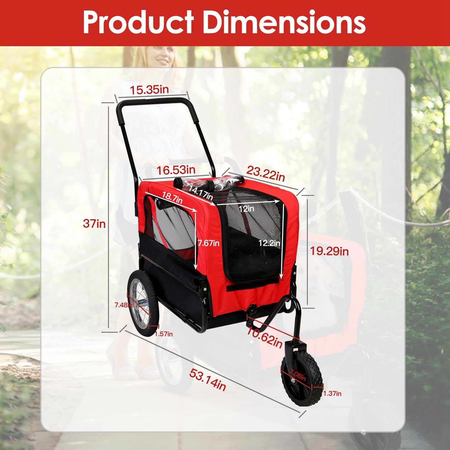 Annotated product dimensions showing cargo bin 16.53x23.22x19.29 inches and overall length 53.14 inches