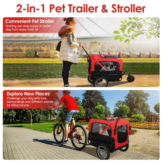 Two-panel image showing pet trailer used as stroller and as bicycle trailer in a park