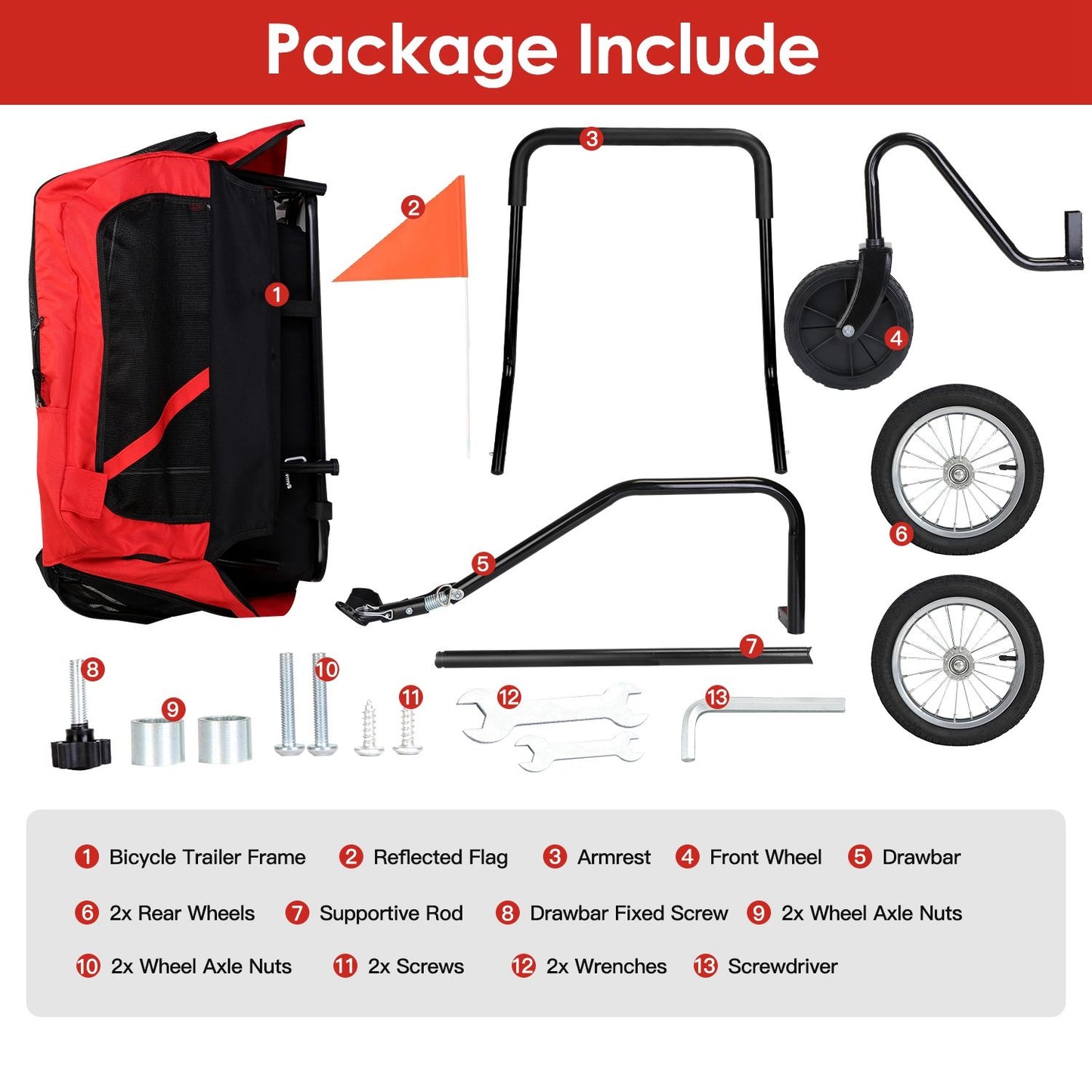 Package layout showing trailer frame, rear wheels, front wheel, drawbar, armrest, flag, screws and tools