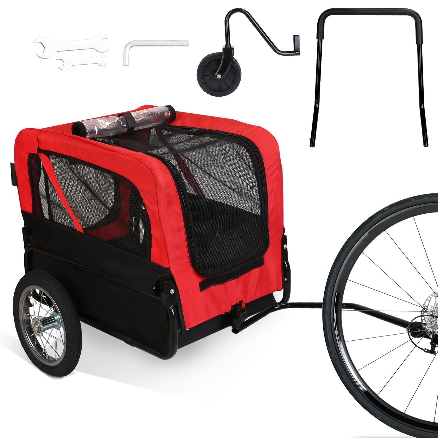 Red pet trailer connected to bicycle rear axle showing hitch strap and quick-release connector