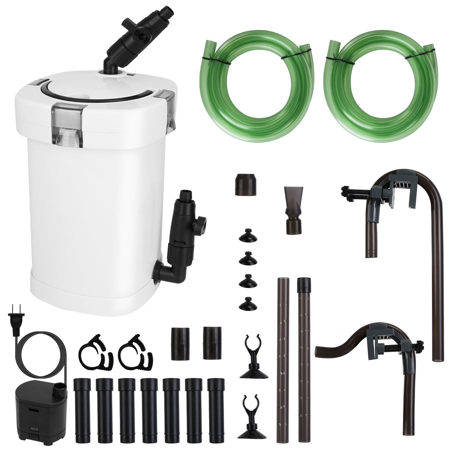 Components layout showing canister, hoses, riser parts, connectors and fittings