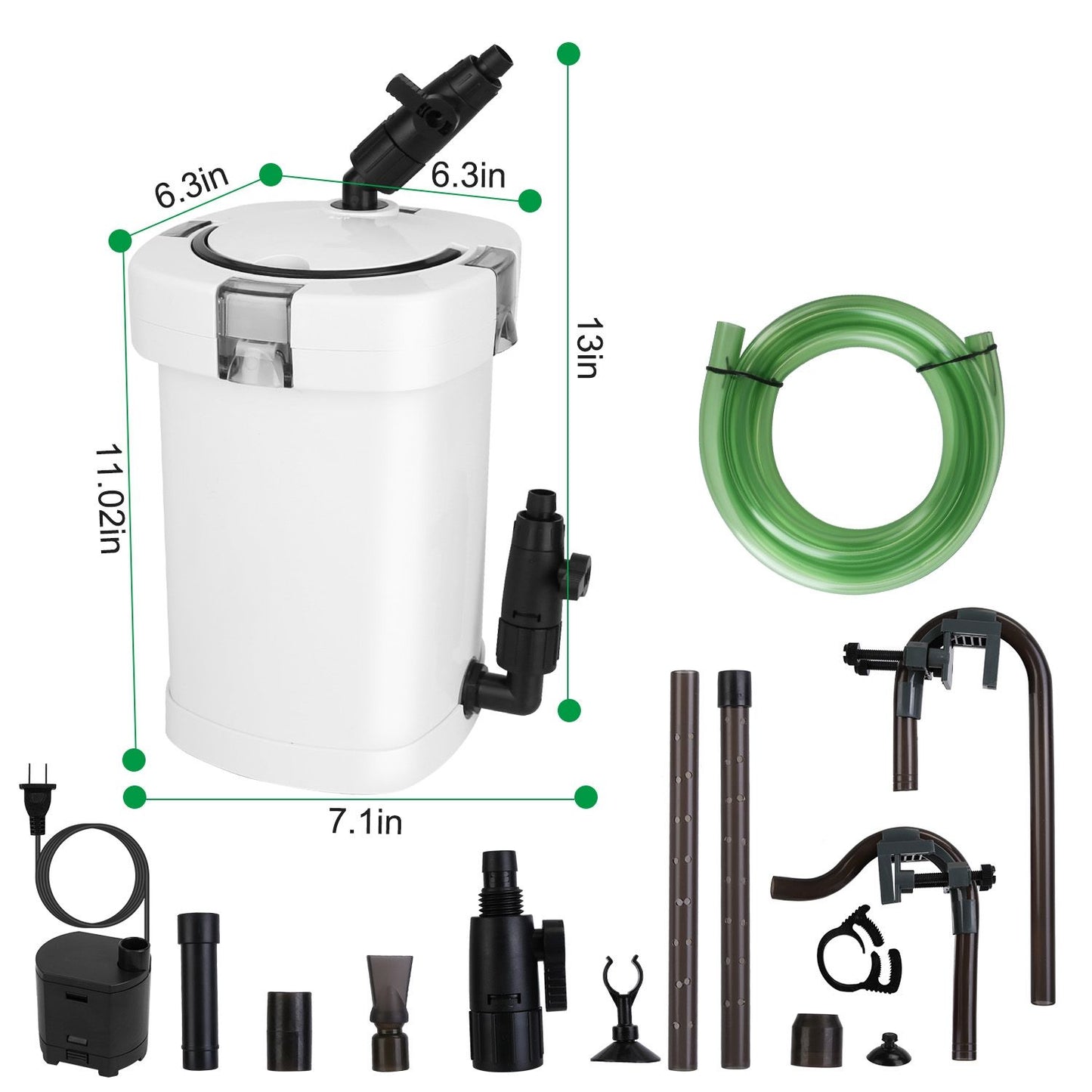Canister filter dimensions and hose length diagram with pump and accessory layout