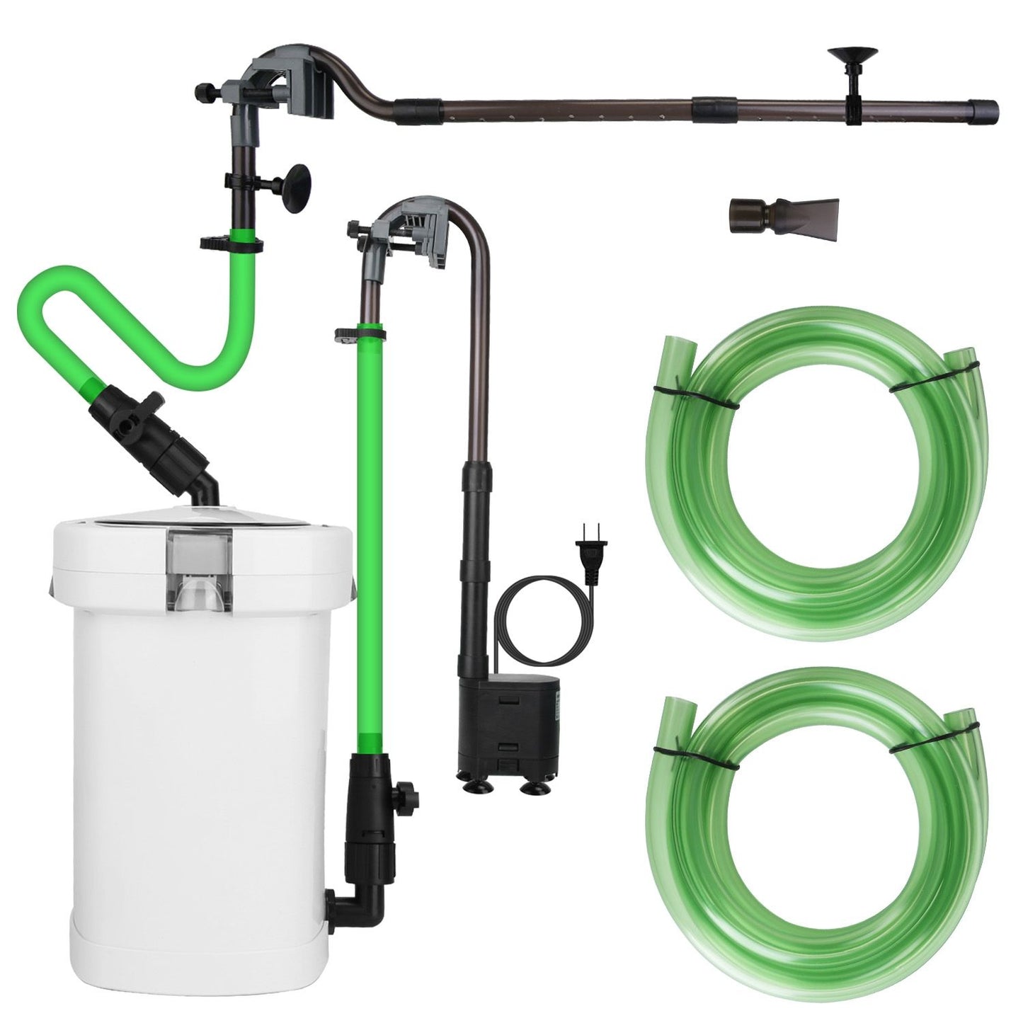 Flat-lay of canister filter kit with pump, hoses, riser tubes, nozzles and mounting accessories