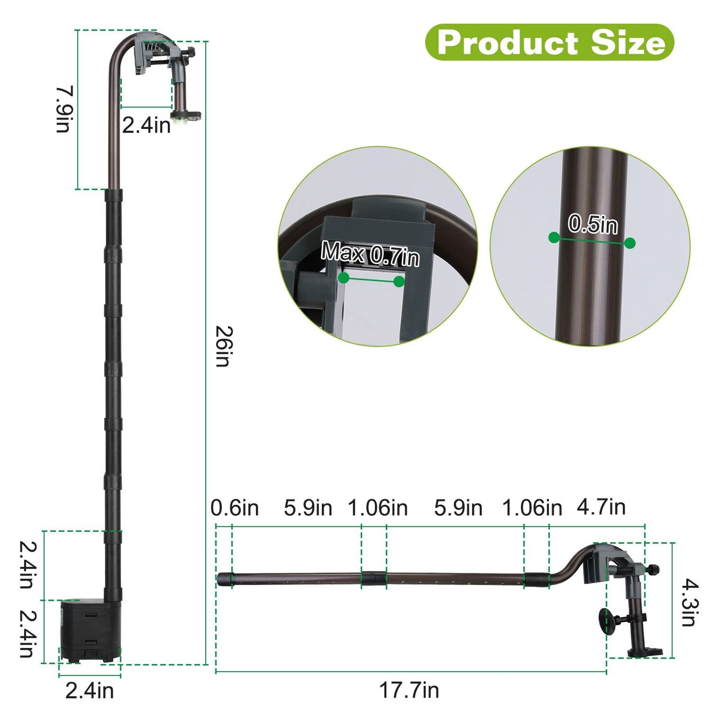 Riser and spray bar measurement diagram with clamp size and tubing diameter details