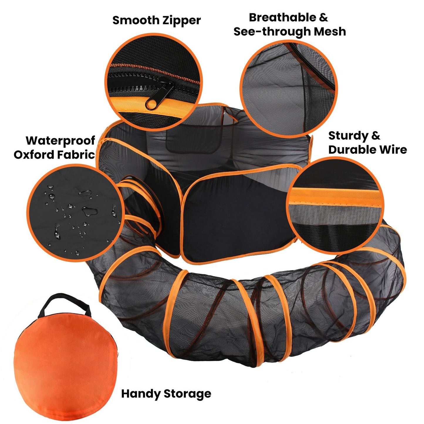 Close-up callouts showing zipper, breathable mesh, waterproof fabric, sturdy wire and carry bag for the pet tent