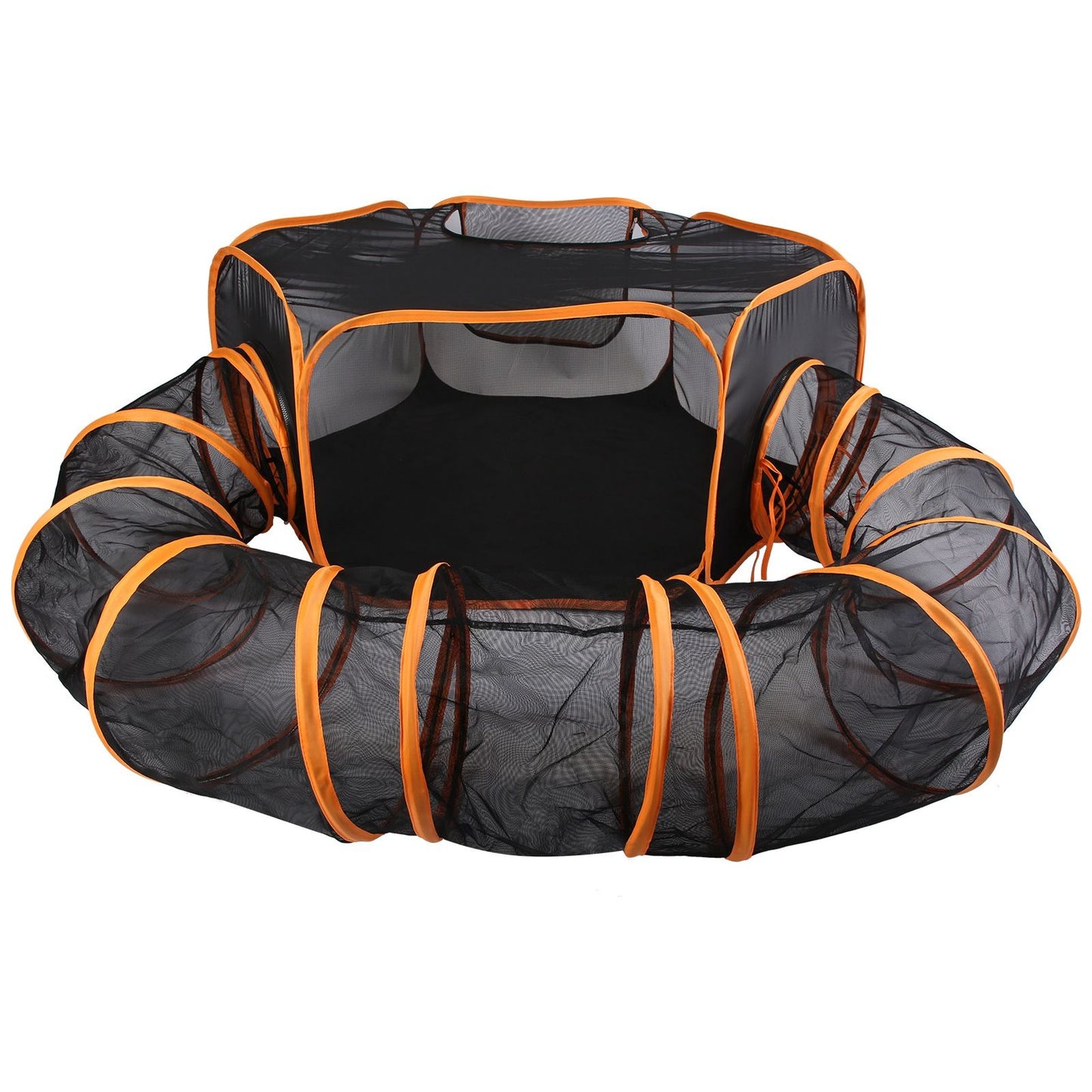 Straight-on front view of the assembled hexagonal pet tent and attached tunnel showing mesh walls and orange trim
