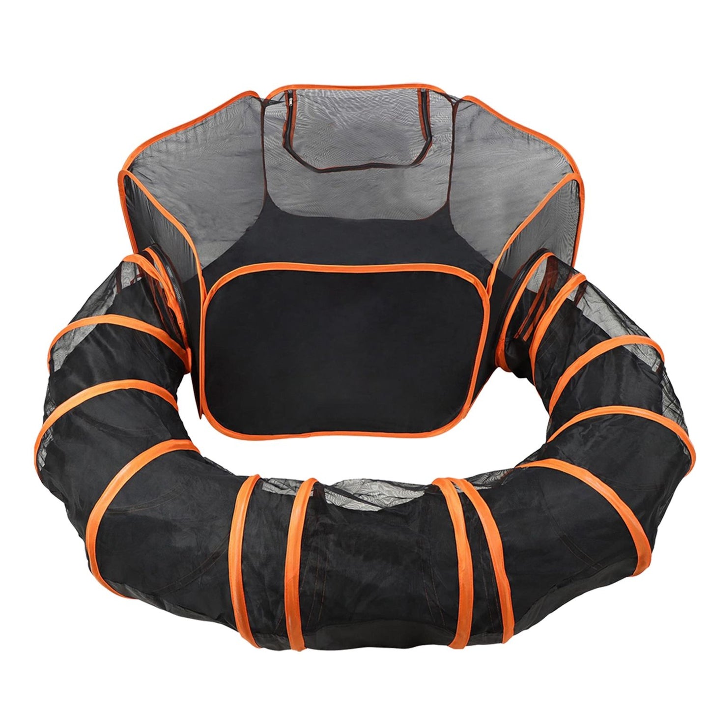 Front-angle view of the black mesh hexagonal pet tent with surrounding curved tunnel and orange binding