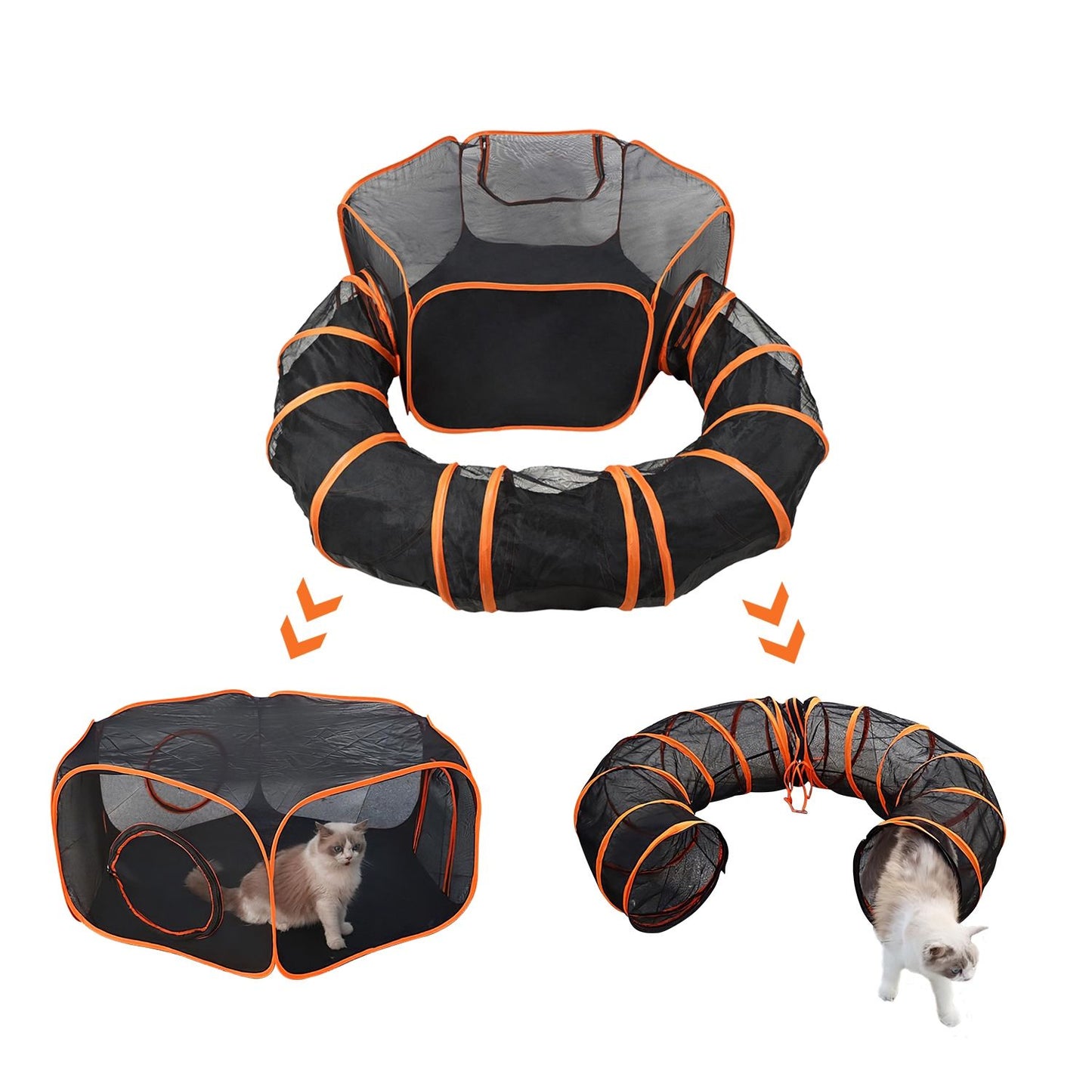 Illustration of the tent converted into a hexagonal play area and a curved tunnel with a cat using each configuration