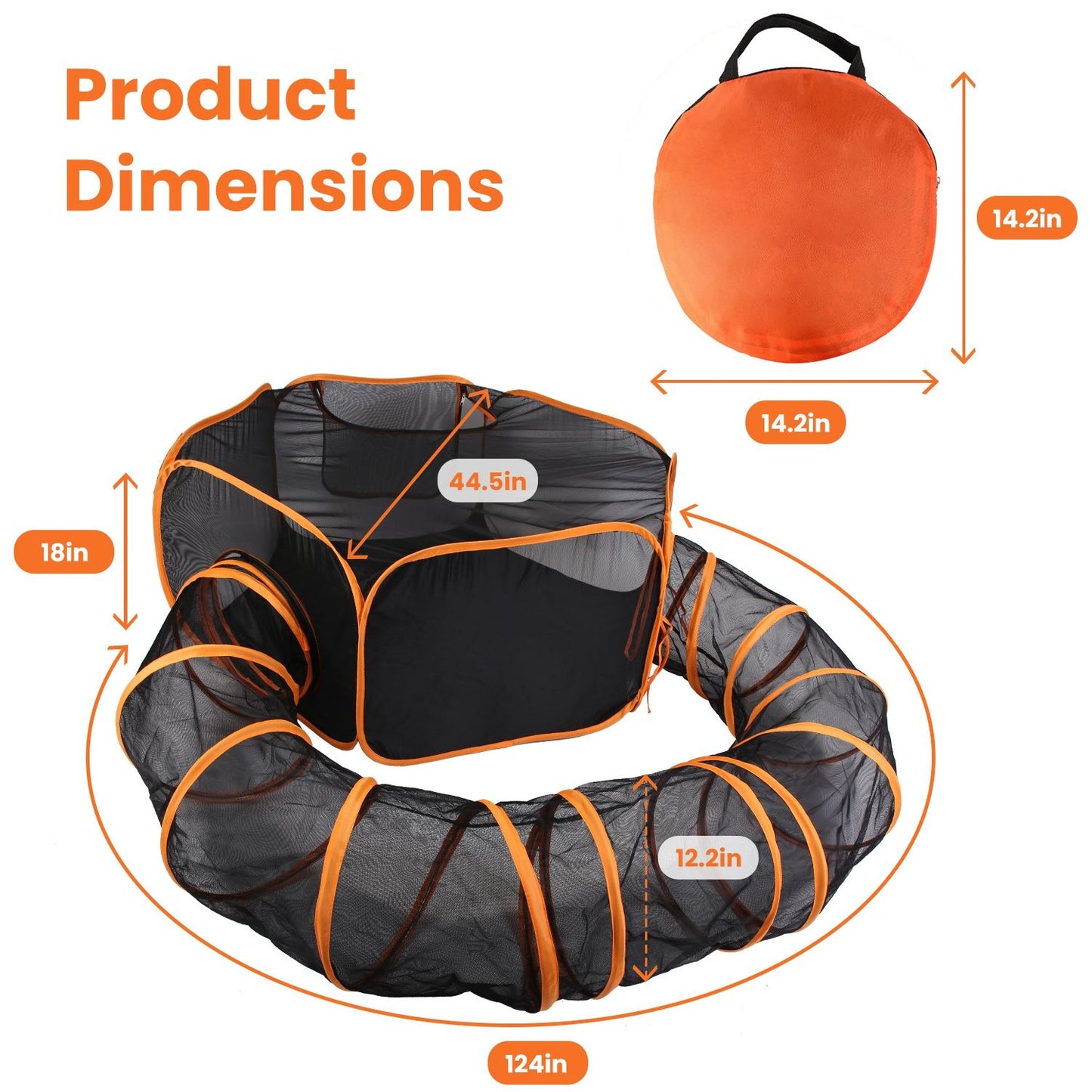 Product dimensions diagram listing hexagonal tent and tunnel sizes plus carry bag measurements