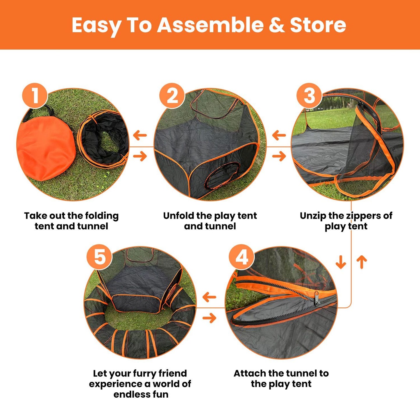 Five-step assembly infographic illustrating unfold, unzip and attach tunnel to assemble the foldable pet play tent
