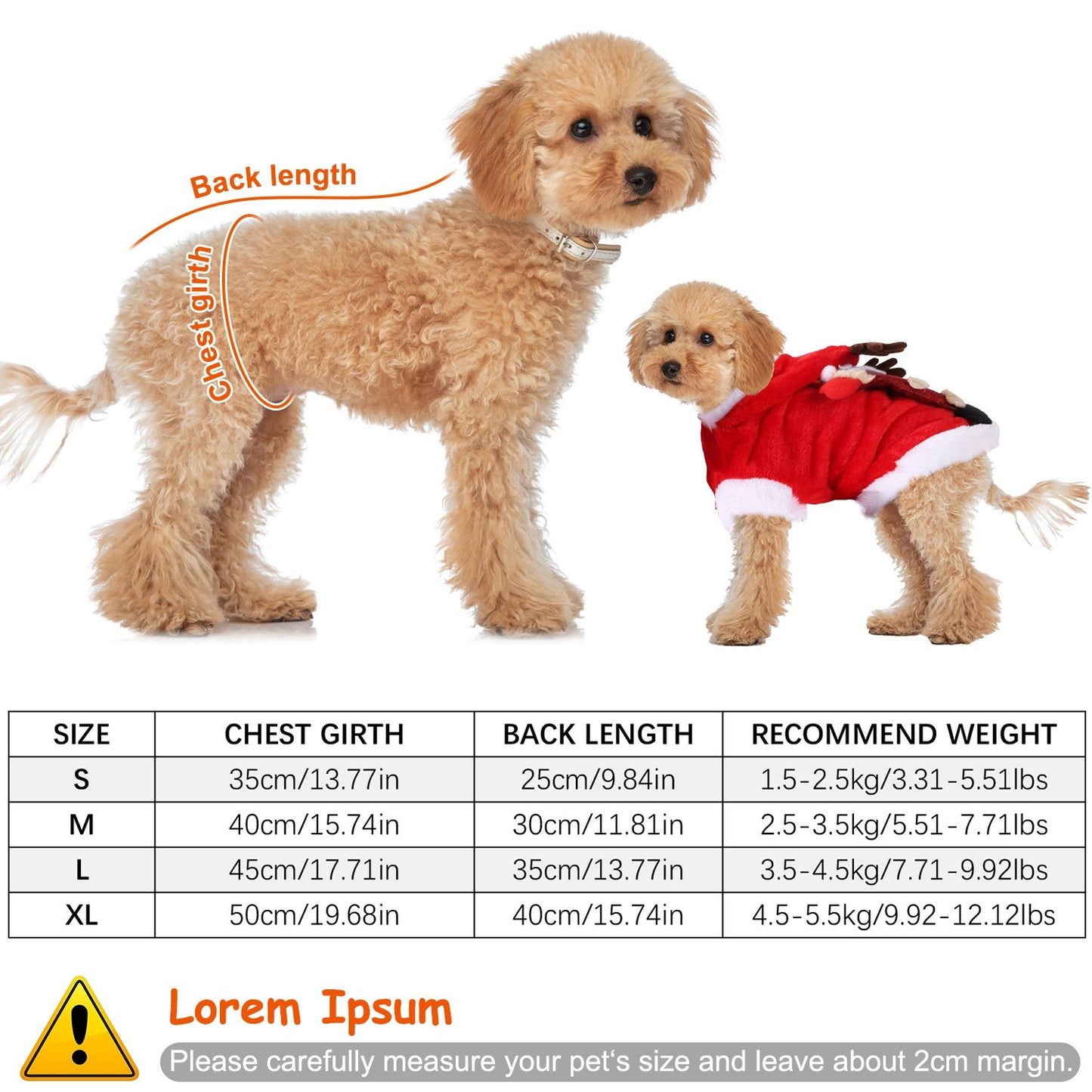 Size chart and measurement guide for pet coat with chest girth, back length and recommended weights