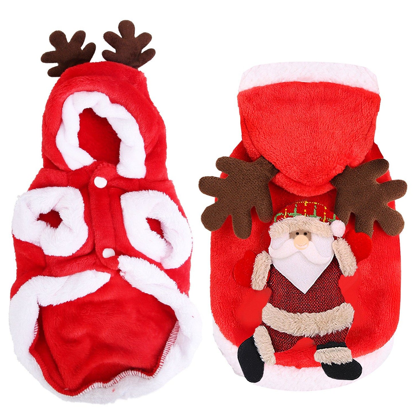 Flat lay double view of red pet coat showing interior lining, snap closures and Santa appliqué