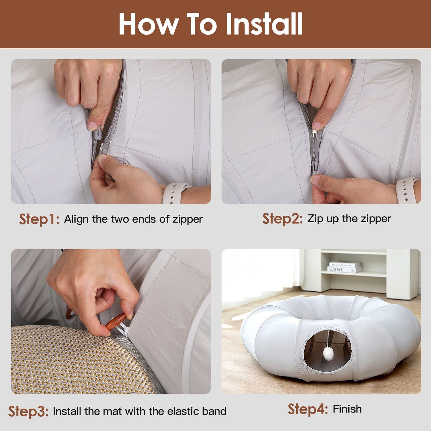 installation steps aligning zipper, zipping tunnel, and fitting the elastic mat to finish assembly