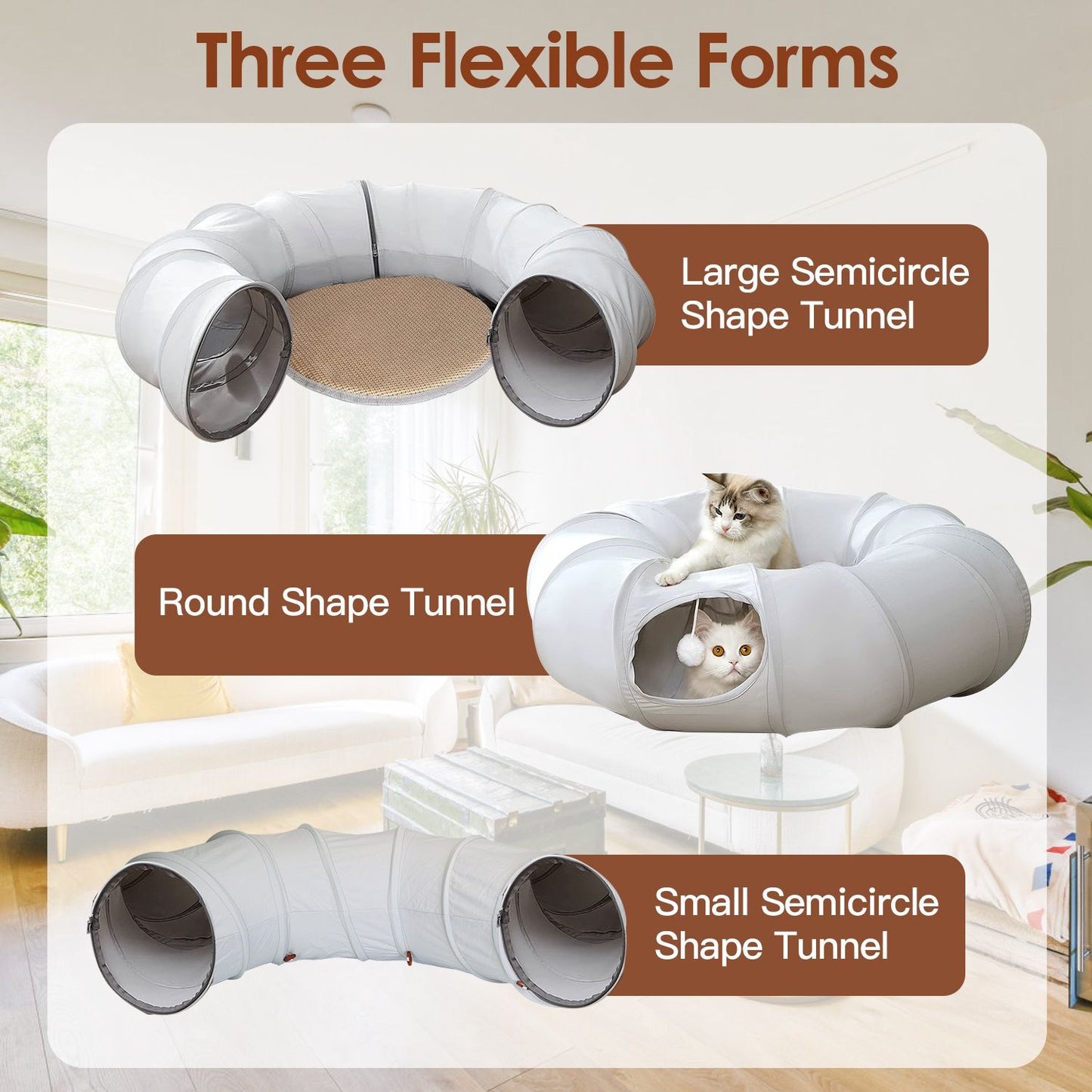 three configurations of the modular cat tunnel bed: large C-shape, round donut, and small C-shape with mat