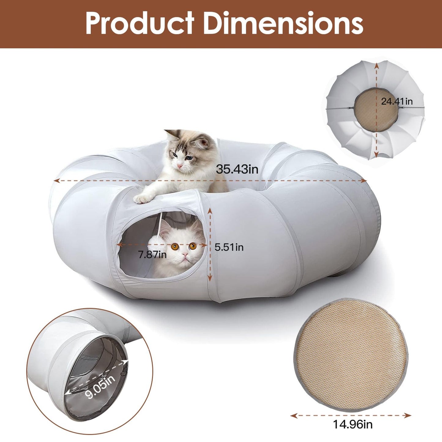 product dimensions with assembled length 35.43in, height 24.41in, door 7.87x5.51in and cushion 14.96in